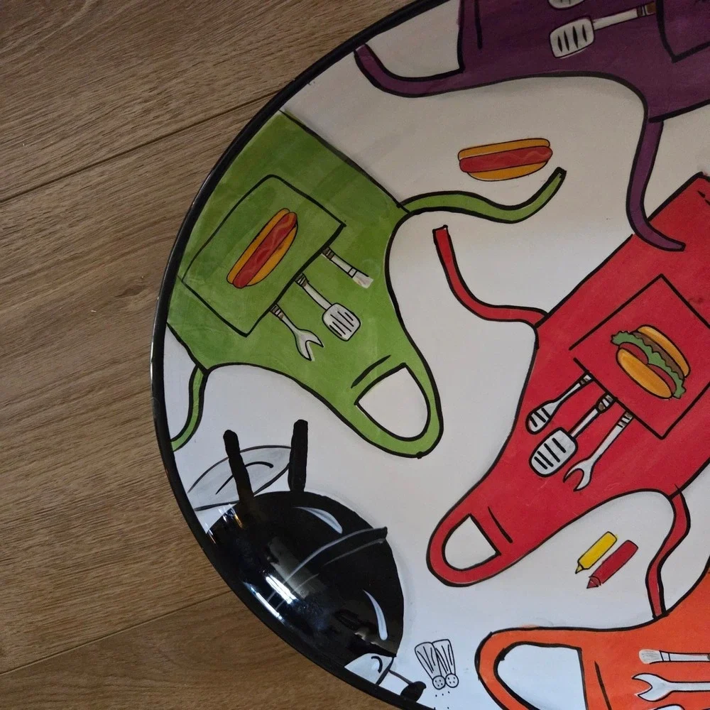 Clay Art Grill Time Hand Painted Ceramic Oval Serving Platter BBQ Aprons Multi